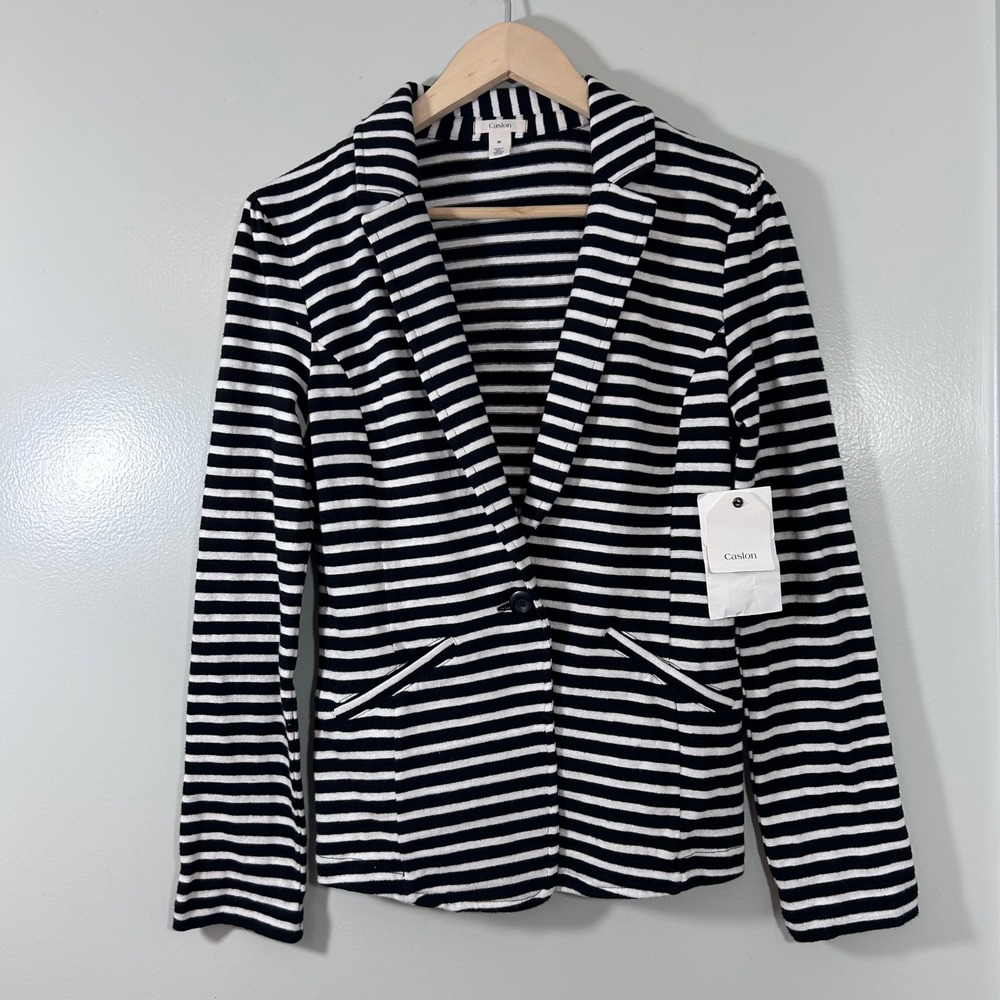 Caslon Black Ivory Striped Cotton Knit Blazer Single Button Peplum Back Medium